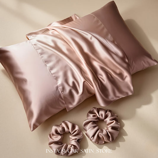 كيس خدادية ستان فاخر + 2 سكرانشي ستان تركي | Luxury Satin Pillowcase + 2 Satin Scrunchies