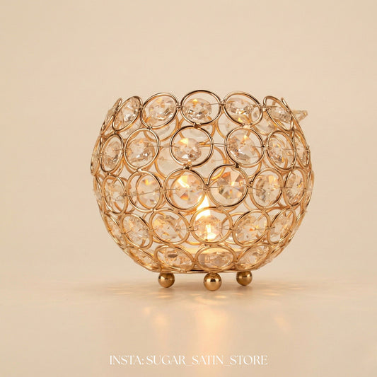 حامل شموع نذري كروي ذهبي مزين بكريستالات الأكريليك.  | Crystal Votives Bowl Candle Holders Tealight Candle