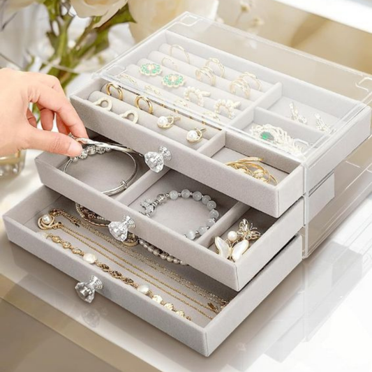 منظم مجوهرات قطيفة بـ 3 أدراج للنساء | Jewelry Organizer with 3 Drawers